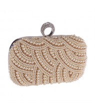 Korean Fashion Pearls Allover with Rhinestone Inlaid Ring Design Evening Handbag - Champagne