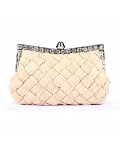 Weaving Threads Pattern with Rhinestone Floral Decorations Fashion Evening Handbag/ Shoulder Bag - Ivory