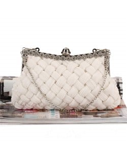 Weaving Threads Pattern with Rhinestone Floral Decorations Fashion Evening Handbag/ Shoulder Bag - White