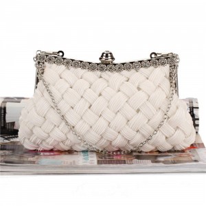 Weaving Threads Pattern with Rhinestone Floral Decorations Fashion Evening Handbag/ Shoulder Bag - White