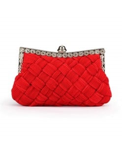 Weaving Threads Pattern with Rhinestone Floral Decorations Fashion Evening Handbag/ Shoulder Bag - Red