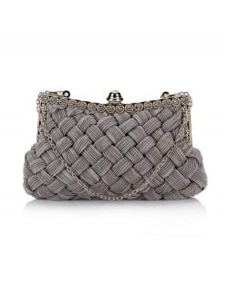 Weaving Threads Pattern with Rhinestone Floral Decorations Fashion Evening Handbag/ Shoulder Bag - Gray