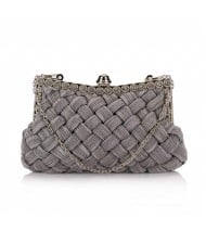 Weaving Threads Pattern with Rhinestone Floral Decorations Fashion Evening Handbag/ Shoulder Bag - Gray