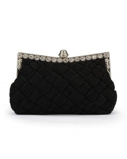 Weaving Threads Pattern with Rhinestone Floral Decorations Fashion Evening Handbag/ Shoulder Bag - Black