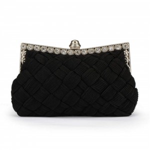 Weaving Threads Pattern with Rhinestone Floral Decorations Fashion Evening Handbag/ Shoulder Bag - Black