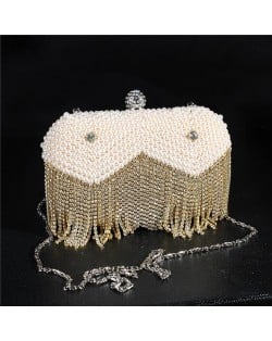 Pearls All-over Design with Rhinestone Inlaid Golden Shining Tassel Fashion Evening Handbag