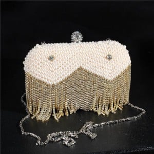 Pearls All-over Design with Rhinestone Inlaid Golden Shining Tassel Fashion Evening Handbag
