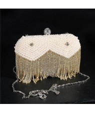 Pearls All-over Design with Rhinestone Inlaid Golden Shining Tassel Fashion Evening Handbag