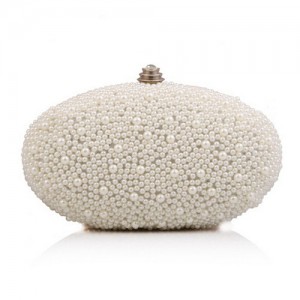 Luxurious Pearls All-over Design Oval Shaped Fashion Evening Handbag/ Party Shoulder Bag - White