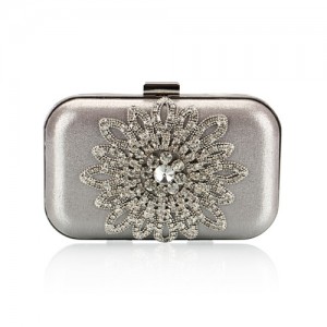 Luxurious Rhinestones Combined Sun Flower Attached Design Fashion Evening Handbag - Silver