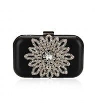Luxurious Rhinestones Combined Sun Flower Attached Design Fashion Evening Handbag - Black