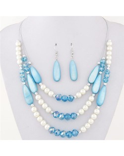 Bohemian Fashion Assorted Waterdrop Shape Seashell Beads and Pearls Triple Layers Fashion Necklace and Earrings Set - Blue