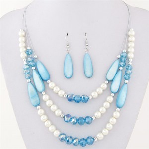 Bohemian Fashion Assorted Waterdrop Shape Seashell Beads and Pearls Triple Layers Fashion Necklace and Earrings Set - Blue