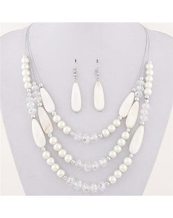 Bohemian Fashion Assorted Waterdrop Shape Seashell Beads and Pearls Triple Layers Fashion Necklace and Earrings Set - White