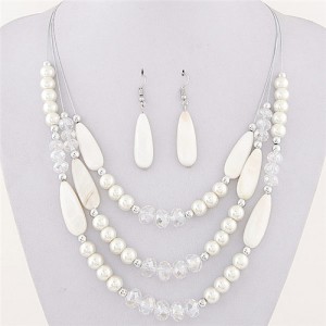 Bohemian Fashion Assorted Waterdrop Shape Seashell Beads and Pearls Triple Layers Fashion Necklace and Earrings Set - White