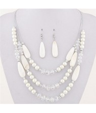 Bohemian Fashion Assorted Waterdrop Shape Seashell Beads and Pearls Triple Layers Fashion Necklace and Earrings Set - White