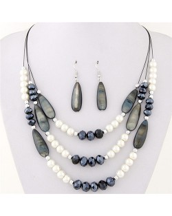 Bohemian Fashion Assorted Waterdrop Shape Seashell Beads and Pearls Triple Layers Fashion Necklace and Earrings Set - Black
