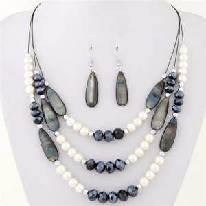 Bohemian Fashion Assorted Waterdrop Shape Seashell Beads and Pearls Triple Layers Fashion Necklace and Earrings Set - Black
