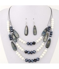 Bohemian Fashion Assorted Waterdrop Shape Seashell Beads and Pearls Triple Layers Fashion Necklace and Earrings Set - Black