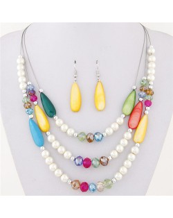 Bohemian Fashion Assorted Waterdrop Shape Seashell Beads and Pearls Triple Layers Fashion Necklace and Earrings Set - Multicolor