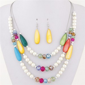 Bohemian Fashion Assorted Waterdrop Shape Seashell Beads and Pearls Triple Layers Fashion Necklace and Earrings Set - Multicolor