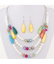 Bohemian Fashion Assorted Waterdrop Shape Seashell Beads and Pearls Triple Layers Fashion Necklace and Earrings Set - Multicolor