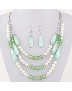 Bohemian Fashion Assorted Waterdrop Shape Seashell Beads and Pearls Triple Layers Fashion Necklace and Earrings Set - Green