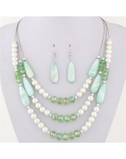 Bohemian Fashion Assorted Waterdrop Shape Seashell Beads and Pearls Triple Layers Fashion Necklace and Earrings Set - Green