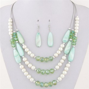Bohemian Fashion Assorted Waterdrop Shape Seashell Beads and Pearls Triple Layers Fashion Necklace and Earrings Set - Green