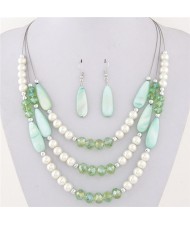 Bohemian Fashion Assorted Waterdrop Shape Seashell Beads and Pearls Triple Layers Fashion Necklace and Earrings Set - Green