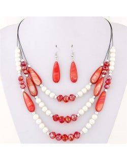 Bohemian Fashion Assorted Waterdrop Shape Seashell Beads and Pearls Triple Layers Fashion Necklace and Earrings Set - Red