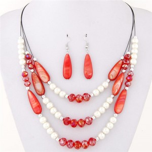 Bohemian Fashion Assorted Waterdrop Shape Seashell Beads and Pearls Triple Layers Fashion Necklace and Earrings Set - Red