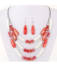Bohemian Fashion Assorted Waterdrop Shape Seashell Beads and Pearls Triple Layers Fashion Necklace and Earrings Set - Red