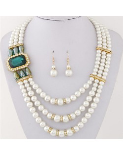 Square Gem Decorated Elegant Triple Layers Pearl Fashion Necklace and Earrings Set - Dark Green