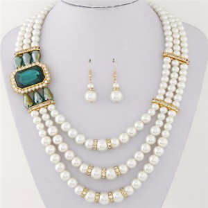 Square Gem Decorated Elegant Triple Layers Pearl Fashion Necklace and Earrings Set - Dark Green
