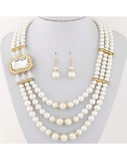 Square Gem Decorated Elegant Triple Layers Pearl Fashion Necklace and Earrings Set - Transparent