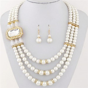 Square Gem Decorated Elegant Triple Layers Pearl Fashion Necklace and Earrings Set - Transparent
