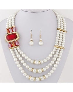 Square Gem Decorated Elegant Triple Layers Pearl Fashion Necklace and Earrings Set - Red