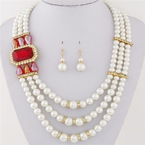 Square Gem Decorated Elegant Triple Layers Pearl Fashion Necklace and Earrings Set - Red