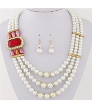 Square Gem Decorated Elegant Triple Layers Pearl Fashion Necklace and Earrings Set - Red