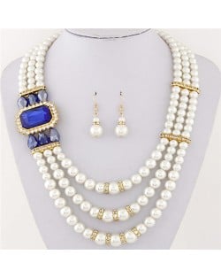 Square Gem Decorated Elegant Triple Layers Pearl Fashion Necklace and Earrings Set - Royal Blue