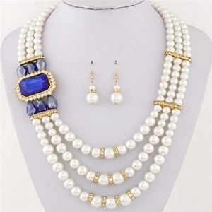 Square Gem Decorated Elegant Triple Layers Pearl Fashion Necklace and Earrings Set - Royal Blue