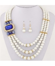 Square Gem Decorated Elegant Triple Layers Pearl Fashion Necklace and Earrings Set - Royal Blue