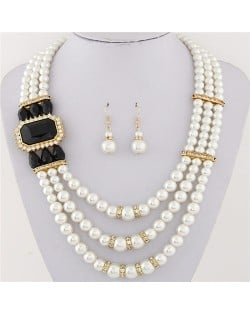 Square Gem Decorated Elegant Triple Layers Pearl Fashion Necklace and Earrings Set - Black