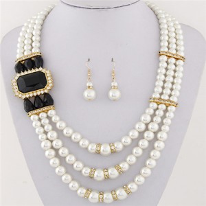 Square Gem Decorated Elegant Triple Layers Pearl Fashion Necklace and Earrings Set - Black