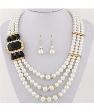 Square Gem Decorated Elegant Triple Layers Pearl Fashion Necklace and Earrings Set - Black