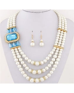 Square Gem Decorated Elegant Triple Layers Pearl Fashion Necklace and Earrings Set - Sky Blue