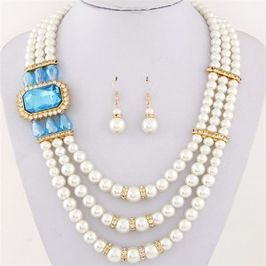Square Gem Decorated Elegant Triple Layers Pearl Fashion Necklace and Earrings Set - Sky Blue