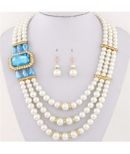 Square Gem Decorated Elegant Triple Layers Pearl Fashion Necklace and Earrings Set - Sky Blue