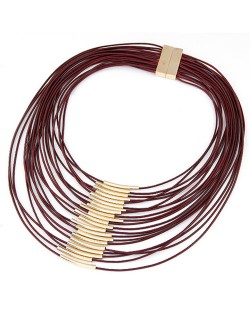 Golden Pipes Decoration Design Multi-layer Wax Rope Fashion Necklace - Wine Red